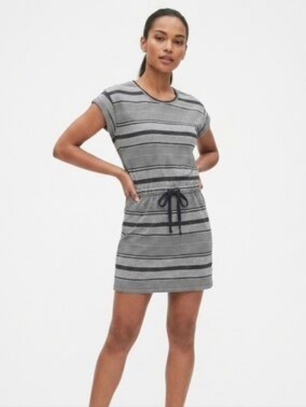 Old Navy Womens Medium Blue Striped Cuffed Short Sleeve T-Shirt Dress Tie Waist